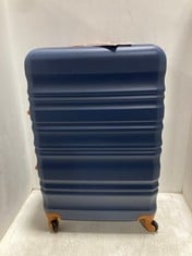 LONG VACATION TRAVEL CASE NAVY BLUE/BROWN HARDSHELL LARGE SPINNER WITH 2 INNER TRAVEL BAGS NAVY BLUE/BROWN