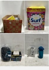 BOX OF ASSORTED HOUSEHOLD ITEMS TO INCLUDE SURF TROPICAL LILY XXXL MEGA PACK WASHING POWDER