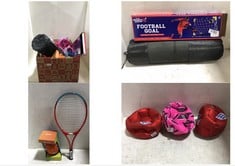 BOX OF ASSORTED SPORT ITEMS TO INCLUDE A TO Z SPORT ZONE FOOTBALL GOAL APPROX SIZE 52X38X32