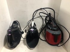 3 X ASSORTED STEAM GENERATOR IRONS TO INCLUDE MORPHY RICHARDS POWER STEAMELITE MODEL NO-332013 RED AND BLACK