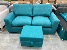 TURQUOISE 2 SEATER FABRIC SOFA TO INCLUDE SMALL TURQUOISE FOOTSTOOL