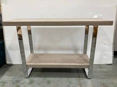 GREY WOODEN DISPLAY TABLE WITH METALLIC LEGS