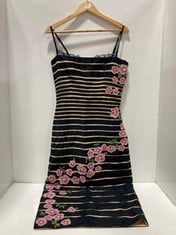 WOMEN'S BLACK STRIPE MOTIF FLOWER EMBROIDED DRESS- SIZE 10- RRP £220