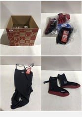 BOX OF ASSORTED ITEMS TO INCLUDE ZONE3 NEOPRENE HEAT-TECH WARMTH SWIM SOCKS IN SIZE M.