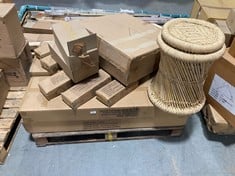 PALLET OF ASSORTED STONE THE CROWS ITEMS TO INCLUDE 2 X TELEVISION CABINET IN BRUSHED ANTIQUE - PRODUCT CODE. 134510 (BOX 1/2, PART ONLY) TO INCLUDE 1 X SET OF 2 STOOLS IN NATURAL (ZONE 3) (KERBSIDE