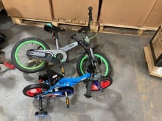 IOTA S16 BOYS BIKE IN GREY / GREEN TO INCLUDE MONSTER TRUCK BOYS BIKE IN BLUE WITH STABILISERS