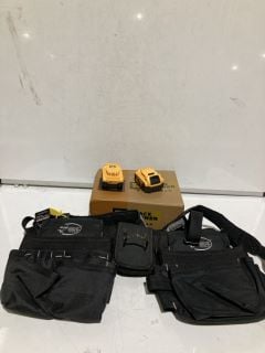 BOX OF WORK WEARS TO INCLUDE WORK BOOTS MULTI POCKET HARNESS BELT AND POWER TOOL BATTERYS