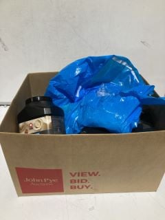 BOX OF SPORTS ITEMS TO INCLUDE PROTEIN POWDERS CONTACT SPORT PADDING AND GOLF BALL SETS