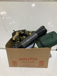 BOX OF OUTDOOR ITEMS TO INCLUDE TENT KIT MAT AND CAMO RUCK SACK