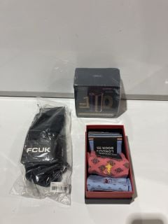 BOX IF ITEMS TO INCLUDE CAR FRAGRANCES FCUK BOXERS AND SOCK SETS