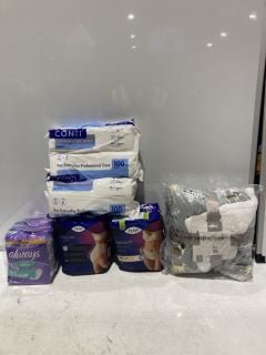 BOX OF ITEMS TO INCLUDE SANITY CONTI CLEANSING DRY WIPES SOFT100 WIPES AND TENA SILHOUETTE HIGH WAIST UNDERWEAR X9 MEDIUM 36-44