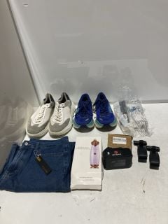 BOX OF ITEMS TO INCLUDE ARNE MENS TRAINERS GREY, BLUE & WHITE SIZE 11