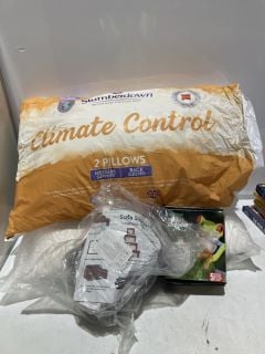 BOX OF HOME ITEMS TO INCLUDE SLUMBERDOWN CLIMATE CONTROL 2 PILLOWS