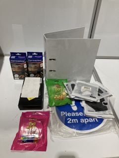 BOX OF ITEMS TO INCLUDE 2M APART SIGN , HANSAPLAST SPORT BANDAGE