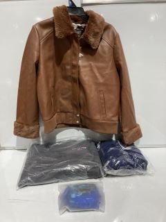 BOX OF CLOTHES TO INCLUDE BROWN LEATHER ZIP UP JACKET WITH FUR