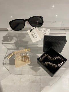 1 X STOCKHOLM ATELIER BLACK SUNGLASSES & 1X DOUBLE SILVER BRACELET & 1X WHITE PEARLS EARRINGS