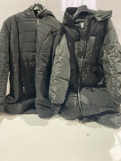 BOX OF CLOTHING TO INCLUDE BLACK HOODED COAT