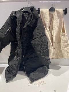 BOX OF ITEMS TO INCLUDE BLACK HOODED COAT