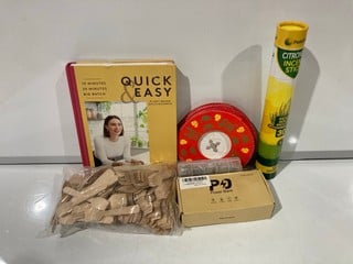 BOX OF ITEMS TO INCLUDE CITRONELLA INCENSE STICKS FOR USE OUTDOOR