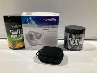 BOX OF ITEMS TO INCLUDE MICROLIFE ADVANCED TECHNOLOGY BLOOD PRESSURE MONITOR