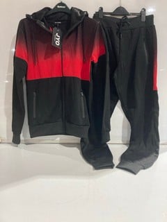 BOX OF MEN'S CLOTHING TO INCLUDE JYO RED AND BLACK TRACKSUIT SIZE MEDIUM