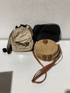 1 X BOX OF BAGS TO INCLUDE ROUND WICKER BAG