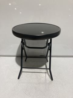 LAUNDRY HAMPER GREY TOGETHER WITH A SMALL BLACK METAL TABLE