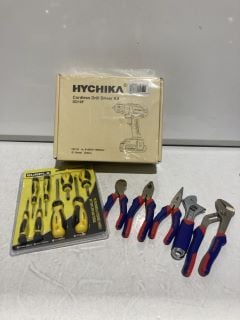 1 X BOX OF TOOLS TO INCLUDE HYCHIKA CORDLESS DRILL DRIVER SET