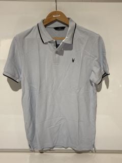 BOX OF DESIGNER CLOTHING ITEMS TO INCLUDE LIGHT BLUE MEN'S POLO MEDIUM