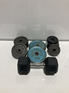 GYM EQUIPMENT TO INCLUDE 5KG PLATES, 2.5KG PLATES, 12.5KG DUMBBELLS