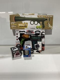 BOX OF ITEMS TO INCLUDE RC ALL TERRAIN STUNT CAR AND DOGGY TENNIS BALL LAUNCHER