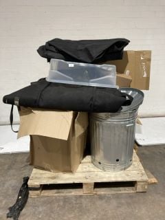 A PALLET TO INCLUDE PLASTICS AND METAL DUSTBINS WITH LID