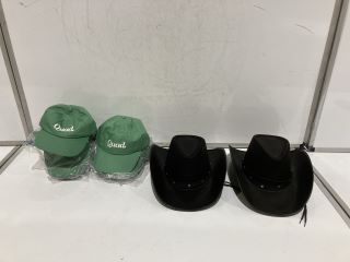 BOX OF HATS TO INCLUDE CLUB ATHLETIC GREEN HAT