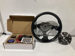 BOX OF ITEMS TO INCLUDE BLACK STEERING WHEEL