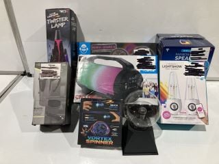 BOX OF TOYS & GADGETS TO INCLUDE RGB LED CYCLONE 400 SPEAKER