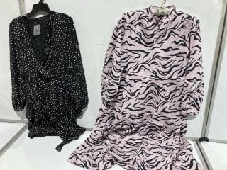 BOX OF PREMIUM DESIGNER APPAREL TO INCLUDE SCOTCH & SODA PINK AND BLACK STRIPED DRESS SIZE 14