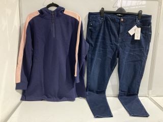 1 BOX OF PREMIUM DESIGNER APPAREL TO INCLUDE VERY DARK WASH JEANS SIZE 12 REGULAR AND VERY HOODED SWEAT SHIRT LONG SLEEVED WITH UPPER ZIPPER NAVY SIZE 14 RRP £100