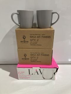 1 BOX OF HOUSEHOLD ITEMS TO INCLUDE 3 X PACK OF TWO GREY MUGS