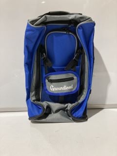 1 BOX OF ITEMS TO INCLUDE GROUND LEVEL UNDER SEAT CABIN BAG BLUE/GREY & BLACK, DEPTH 260MM, HT 410MM W190MM