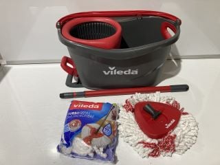 1 BOX OF ITEMS TO INCLUDE VILEDA MOP BUCKET WITH TURBO REFILL 2 IN 1 MICROFIBRE MOP HEAD. MOP CAPACITY 6LTR COLOUR RED/GREY