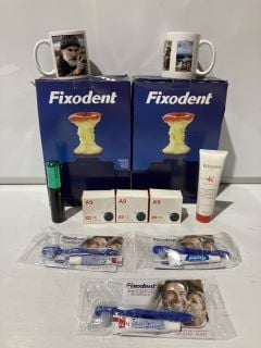 1 BOX OF ITEMS TO INCLUDE FIXODENT NEW TO DENTURES OR PARTIALS  3 BOXES  OF 20  BRUSHES AND 10G OF FIXODENT PASTE