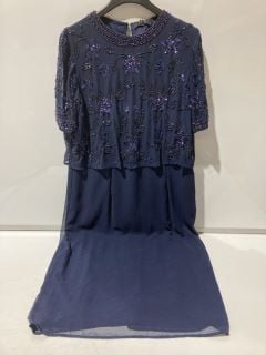 1 BOX OF ITEMS TO INCLUDE JOANNA HOPE MIDI LENGTH SHORT SLEEVED WITH SEQUINS NAVY BLUE SIZE 18