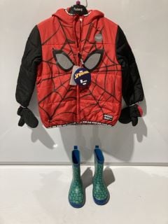 1 BOX OF ITEMS TO INCLUDE CHILDREN'S CLOTHING NUTMEG KIDS SPIDERMAN JACKET WITH DETACHABLE MITTENS AGE 5 - 6 YEARS