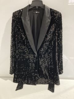 1 BOX OF PREMIUM DESIGNER APPAREL TO INCLUDE VERY SEQUIN WRAP BELTED BLAZER SIZE 10 AND RIVER ISLAND RED OCCASION PUFFED SLEEVED DRESS SIZE 12 RRP £100