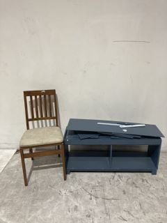 1 X SMALL BLUE CHEST OF DRAWERS AND 1 X BROWN WOODEN CHAIR