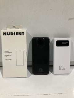 A BOX OF ELECTRICALS TO INCLUDE NUDIENT SCREEN PROTECTOR IPHONE 16 PRO, 2X 120W POWERBANKS