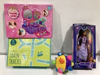 A BOX OF TOYS TO INCLUDE VANITY TABLE, TEDDY BEAR, DISNEY WISH DOLL