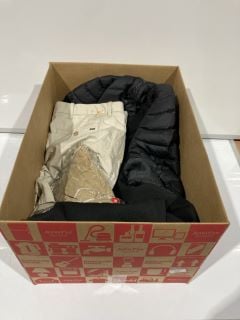 BOX OF ITEMS TO INCLUDE JACK & JONES COAT SIZE L