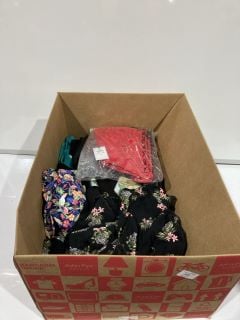 A BOX TO INCLUDE PRIMARK RED LINGERIE SIZE 38D, PATTERNED FLORAL DRESS SIZE 10