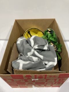 A BOX TO INCLUDE GREY THROW, ARTIFICIAL LEAVES & STICKS